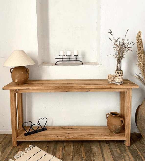 Oak wooden console table used for an entryway 